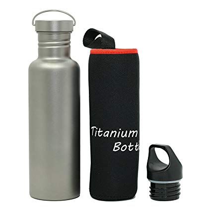 Valtcan 750ml Titanium 26oz Water Bottle Canteen with all Titanium Lid Stuff Sack and Extra Silent BPA-Free Plastic Lid