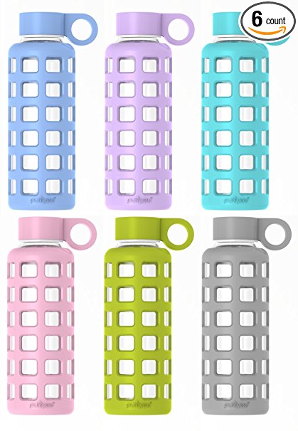 purifyou Premium Glass Water Bottle with Silicone Sleeve and Stainless Steel Lid, 12 / 22 / 32 oz