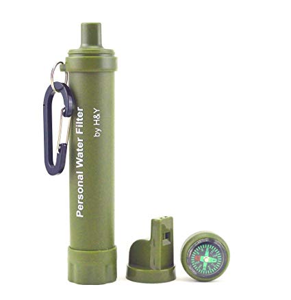 H&Y Personal Water Filter + Survival Multi- Tool - Includes Emergency Whistle, Compass and Mirror - Great for Hiking, Hunting, Backpacking, Fishing and Camping in the Outdoors - Removes 99.9% Bacteria