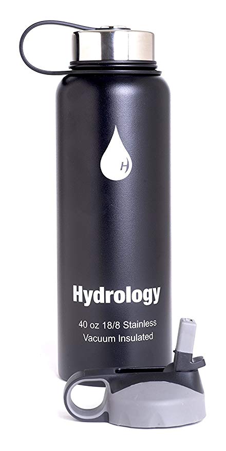 Hydrology - The Science of Hydration Vacuum Insulated Stainless Steel Water Bottle with Straw Lid, 40 oz - Black