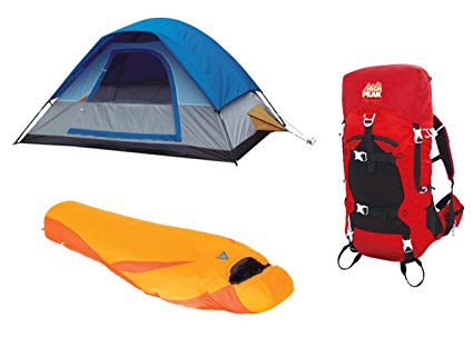 High Peak USA Alpinizmo Ultra Lite 0F Sleeping Bag + 5 Men Tent & 40 Liter Pack, Red/Orange/Blue, One Size