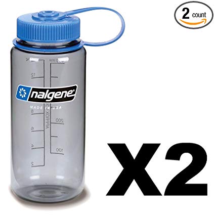 Nalgene Tritan 16oz Plastic Water Bottle Gray w/Blue Cap Wide Mouth 2-Pack