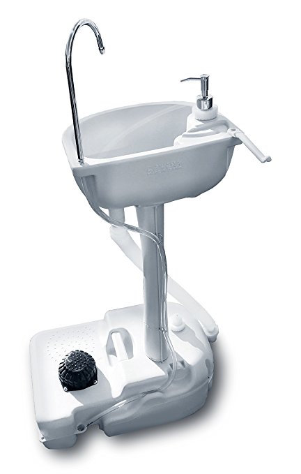 Portable Outdoor White Basin Wash Sink with 19L Water Capacity, Rolling Wheels, Towel Holder, and Soap Dispenser for Camping, Travel, RVs, Fishing, Adventure, Worksite, Events, Gatherings & Gardening