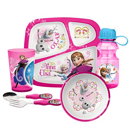 Zak! Designs Mealtime Set, Plate, Bowl, Tumbler, Water Bottle, Fork & Spoon with Elsa, Anna & Olaf from Frozen, BPA-Free, 6 Piece Set