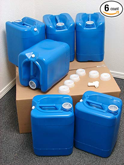 5 Gallon Samson Stackers, Blue, 6 Pack (30 Gallons), Emergency Water Storage Kit - New! - Clean! - Boxed! Spigot. Cap Wrench.