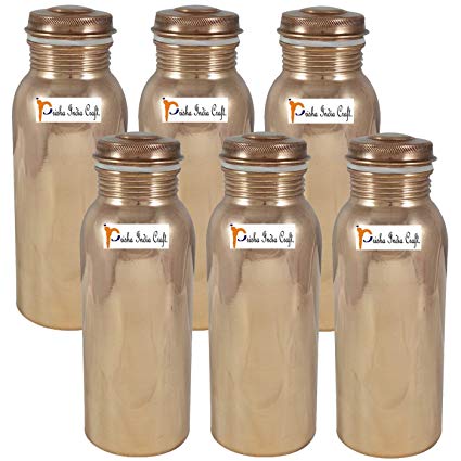 700ml / 23.67oz - Set of 6 - Prisha India Craft ® Pure Copper Water Bottle for Health Benefits - Handmade Water Bottles - Christmas Gift