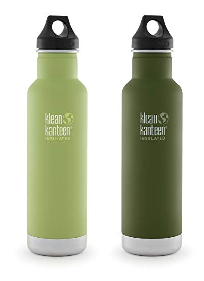 Klean Kanteen 20oz Classic Vacuum Insulated Stainless Steel Water Bottles (w/Loop Cap) 2 Pack Combo Set