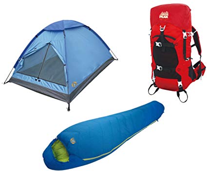 High Peak USA Alpinizmo 20F Sleeping Bag + 3 Men Tent & 40 Liter Hiking Pack Combo, Red/ Blue, One Size