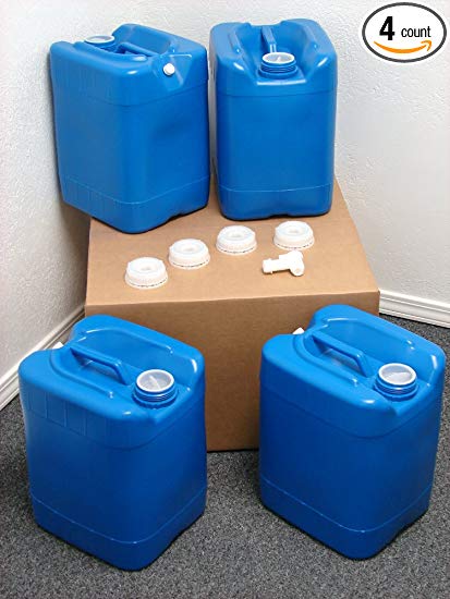 API Kirk Containers 5 Gallon Samson Stackers, Blue, 4 Pack (20 Gallons), Emergency Water Storage Kit - New! - Clean! - Boxed! - Free spigot and cap wrench!