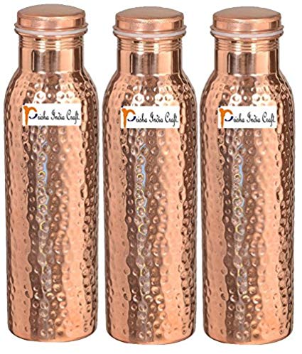 1000ml / 33.81oz - Set of 3 - Prisha India Craft - Hammered Copper Water Bottle | Joint Free, Best Quality Water Bottle - Handmade Christmas Gift