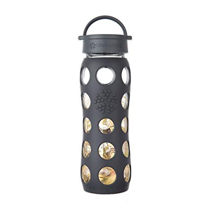 Lifefactory 22-Ounce BPA-Free and Fused Gold Glass Water Bottle with Leakproof Classic Cap and Silicone Sleeve, Onyx Organic